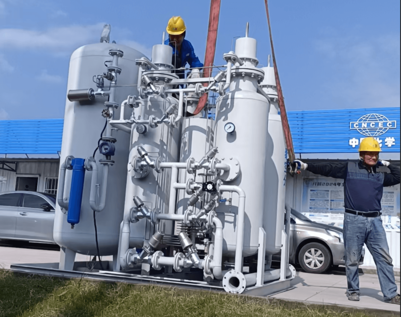 Huatai membrane nitrogen generator being lifted and installed at customer factory site